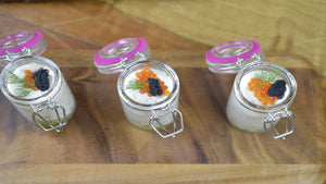 Salmon mousse with cucumber salad, caviar and rose liqueur