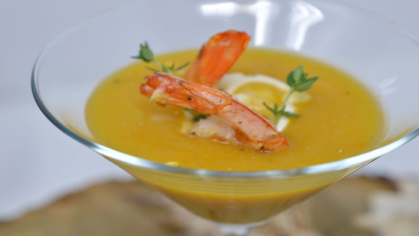 Carrots and Ginger Cream with Steamed Shrimps